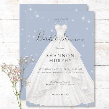 Modern Wedding Dress on Blue Sparkle Bridal Shower Invitations