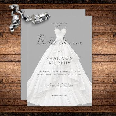 Modern Wedding Dress on Gray Bridal Shower Invitations