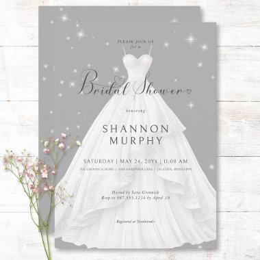Modern Wedding Dress on Gray Sparkle Bridal Shower Invitations