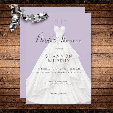 Modern Wedding Dress on Purple Bridal Shower Invitations