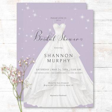Modern Wedding Dress Purple Sparkle Bridal Shower Invitations