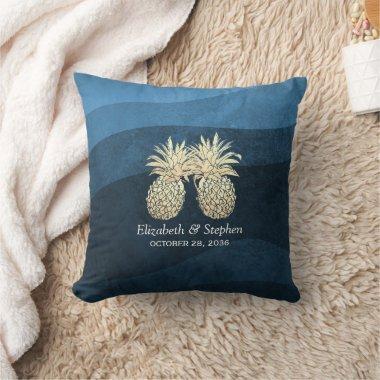 Modern Wedding Golden Pineapples Couple Navy Blue Throw Pillow