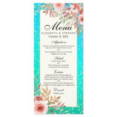 Modern Wedding Menu Pink Floral Teal Gold Confetti