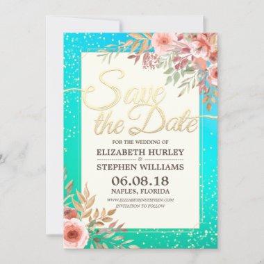Modern Wedding Save The Date Floral Teal Gold Dots