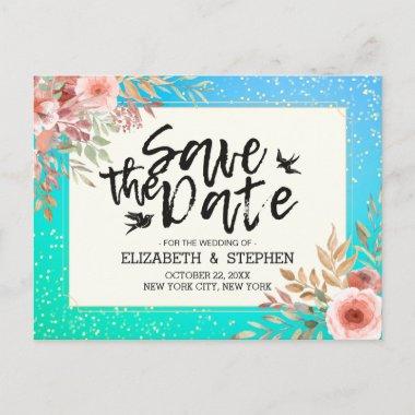 Modern Wedding Save The Date Floral Teal Gold Dots Announcement PostInvitations