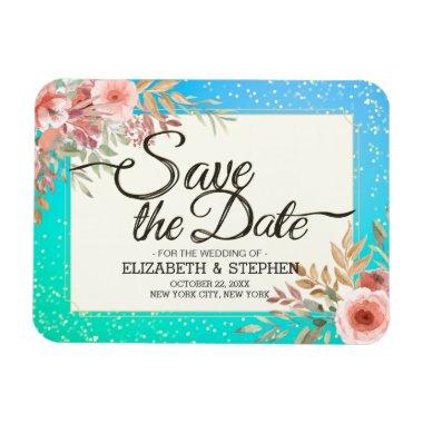 Modern Wedding Save The Date Floral Teal Gold Dots Magnet