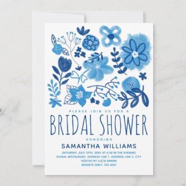 Modern Whimsical Blue Flowers White Bridal Shower Invitations