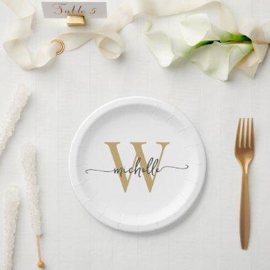Modern White Gold Custom Monogram Name Script Paper Plates