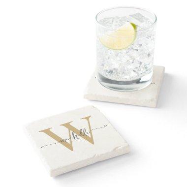 Modern White Gold Custom Monogram Name Script Stone Coaster