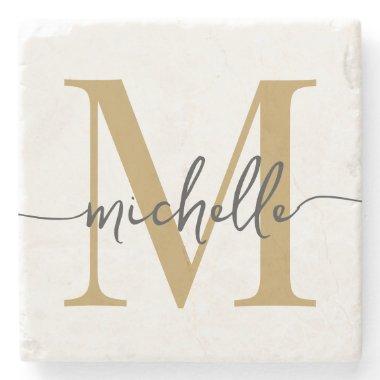 Modern White Gold Monogram Name Elegant Script Stone Coaster