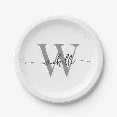 Modern White Gray Custom Monogram Name Script Paper Plates