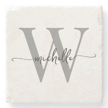 Modern White Gray Custom Monogram Name Script Stone Coaster