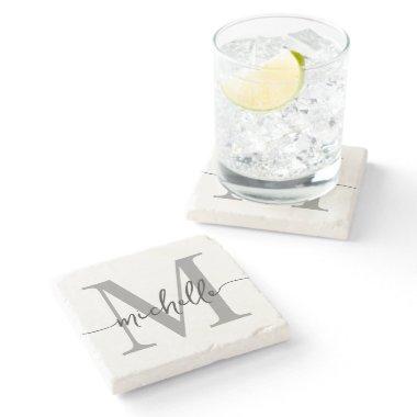 Modern White Gray Monogram Name Elegant Script Stone Coaster
