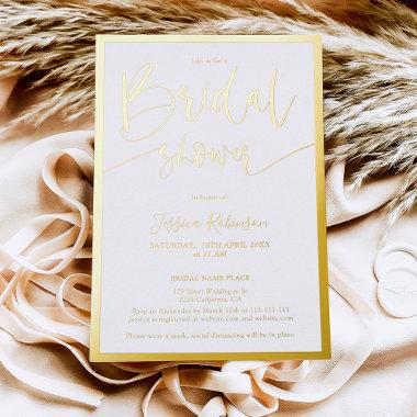 Modern white script trendy bridal shower gold foil Invitations