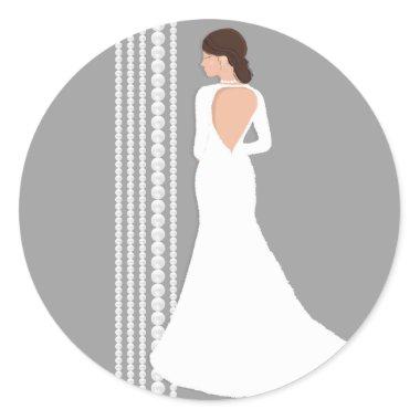 Modern White Wedding Dress & Pearls Bridal Shower Classic Round Sticker