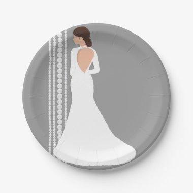 Modern White Wedding Dress & Pearls Bridal Shower Paper Plates