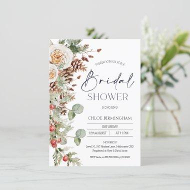 Modern Winter Floral Pine Cone Bridal Shower Invitations