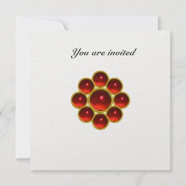 MON WITH RED RUBY GEMSTONES White Pearl Invitations
