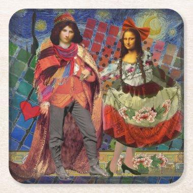 Mona Lisa Romantic Funny Colorful Artwork Square Paper Coaster