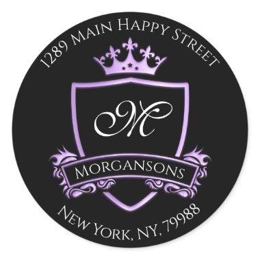 Monogram Address Crown Royal Black Purple Classic Round Sticker