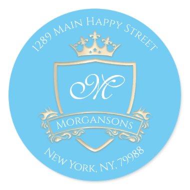 Monogram Address Crown Royal Gold Blue RSVP Classic Round Sticker