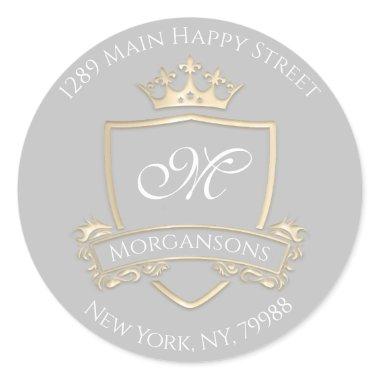 Monogram Address Crown Royal Gold Gray RSVP Classic Round Sticker