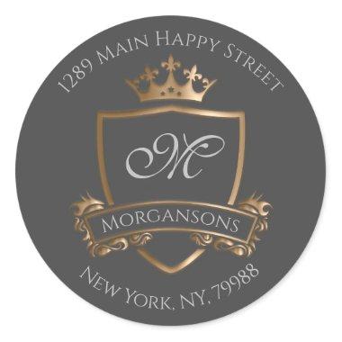 Monogram Address Crown Royal Gold Grey RSVP Classic Round Sticker