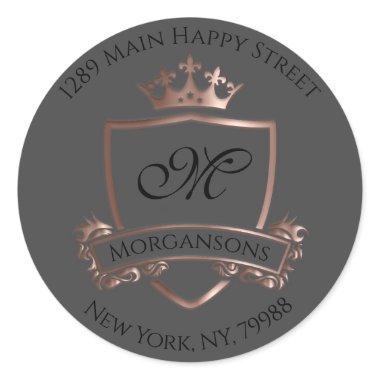 Monogram Address Crown Royal Gray Rose RSVP Classic Round Sticker