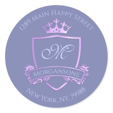Monogram Address Crown Royal Princess Blue Purple Classic Round Sticker