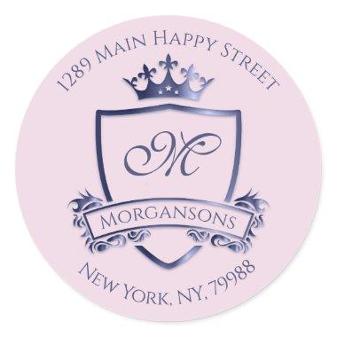 Monogram Address Crown Royal Princess Navy Pink Classic Round Sticker