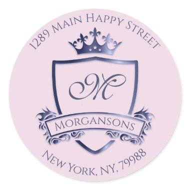 Monogram Address Crown Royal Princess Navy Pink Classic Round Sticker