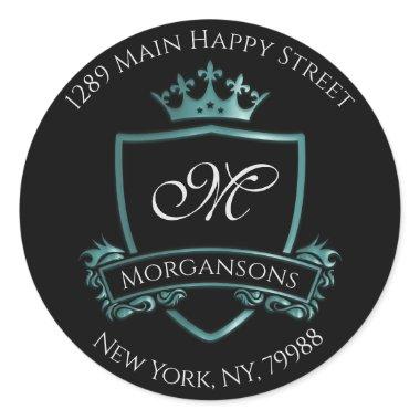 Monogram Address Crown Royal Princess Teal RSVP Classic Round Sticker