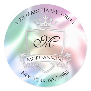Monogram Address Crown Royal Silver Holograph Rose Classic Round Sticker