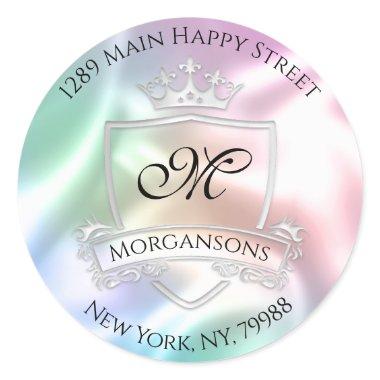 Monogram Address Crown Royal Silver Holograph Rose Classic Round Sticker