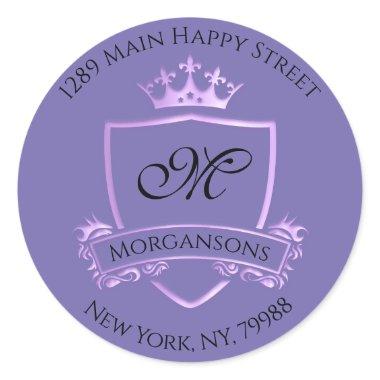 Monogram Address Crown Royal Violet Purple Classic Round Sticker