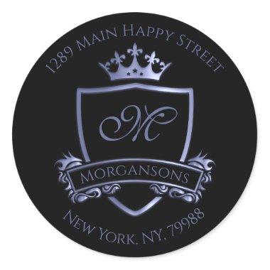 Monogram Address RSVP Crown Royal Smoky Blue Black Classic Round Sticker