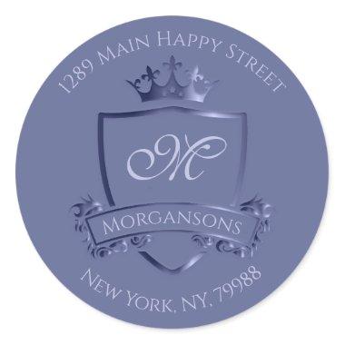 Monogram Address RSVP Crown Royal Smoky Blue Lux Classic Round Sticker