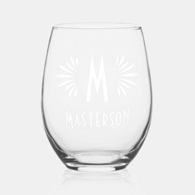 Monogram and Name Custom Art Deco White Flourish Stemless Wine Glass