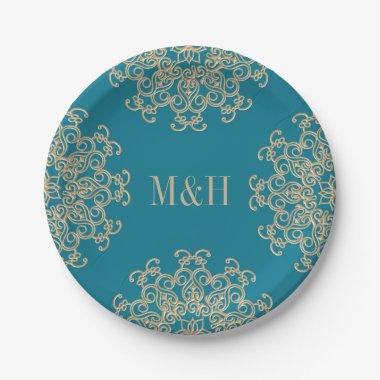 Monogram Aquamarine and Gold Indian Style Wedding Paper Plates