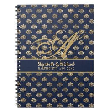 Monogram ART Deco Navy Blue Gold Shells Newlyweds Notebook