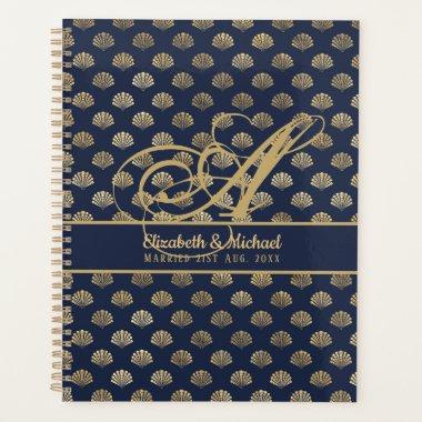 Monogram ART Deco Navy Blue Gold Shells Newlyweds Planner