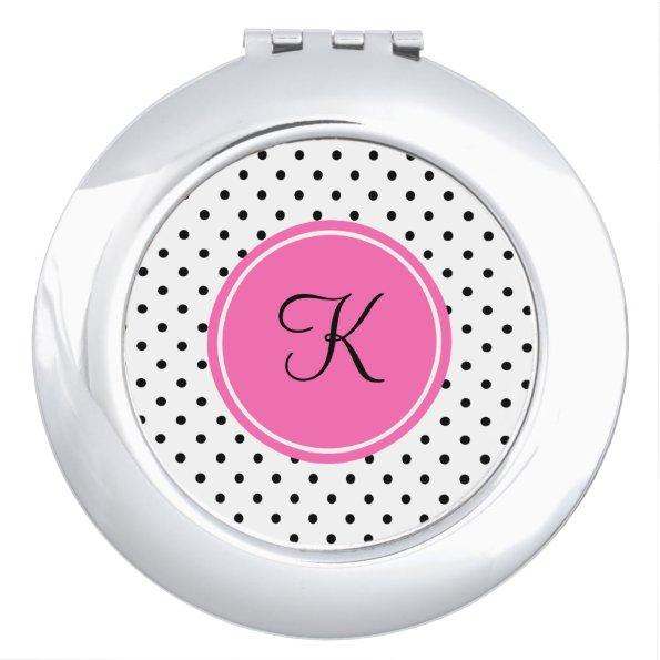 Monogram Black and White Polka Dot with Hot Pink Compact Mirror