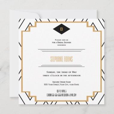 Monogram Black, Gold and White Art Deco Bridal Invitations