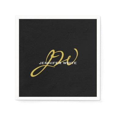 Monogram Black Gold Color Plain Modern Own Name Napkins