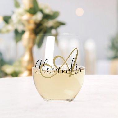Monogram Black Gold Elegant Script Name Stemless Wine Glass