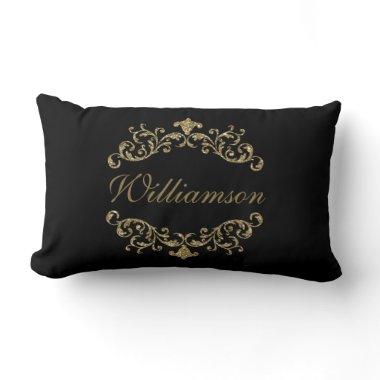 Monogram Black Gold Glitter Flourish Damask Ornate Lumbar Pillow