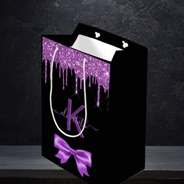 Monogram black purple glitter thank you favor medium gift bag