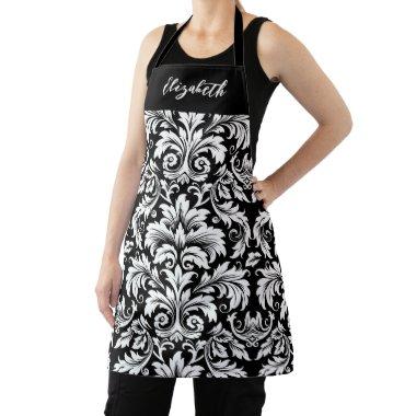 Monogram Black White Damask Apron
