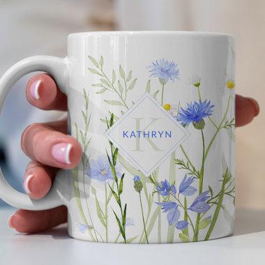 Monogram Blue Wild Flower Personalised Coffee Mug