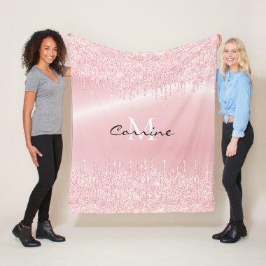 Monogram Blush Pink Dripping Glitter Metallic Name Fleece Blanket